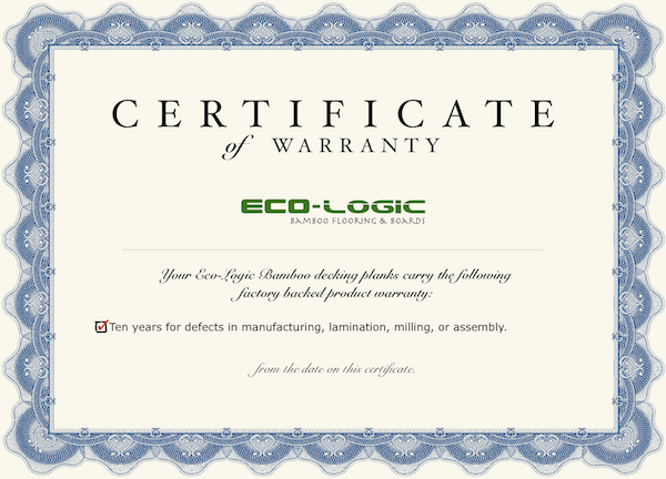 Eco-Logic Bamboo Decking carries a 10 year plank integrity warranty