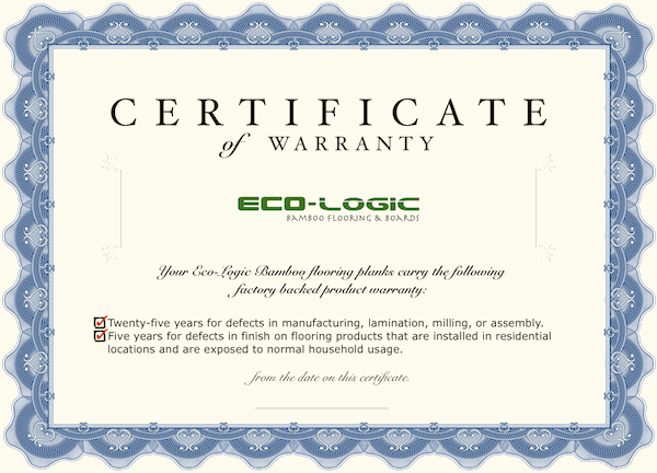 Eco-Logic Bamboo Flooring carries a 25 year plank integrity warranty and a 5 year coating warranty for domestic use